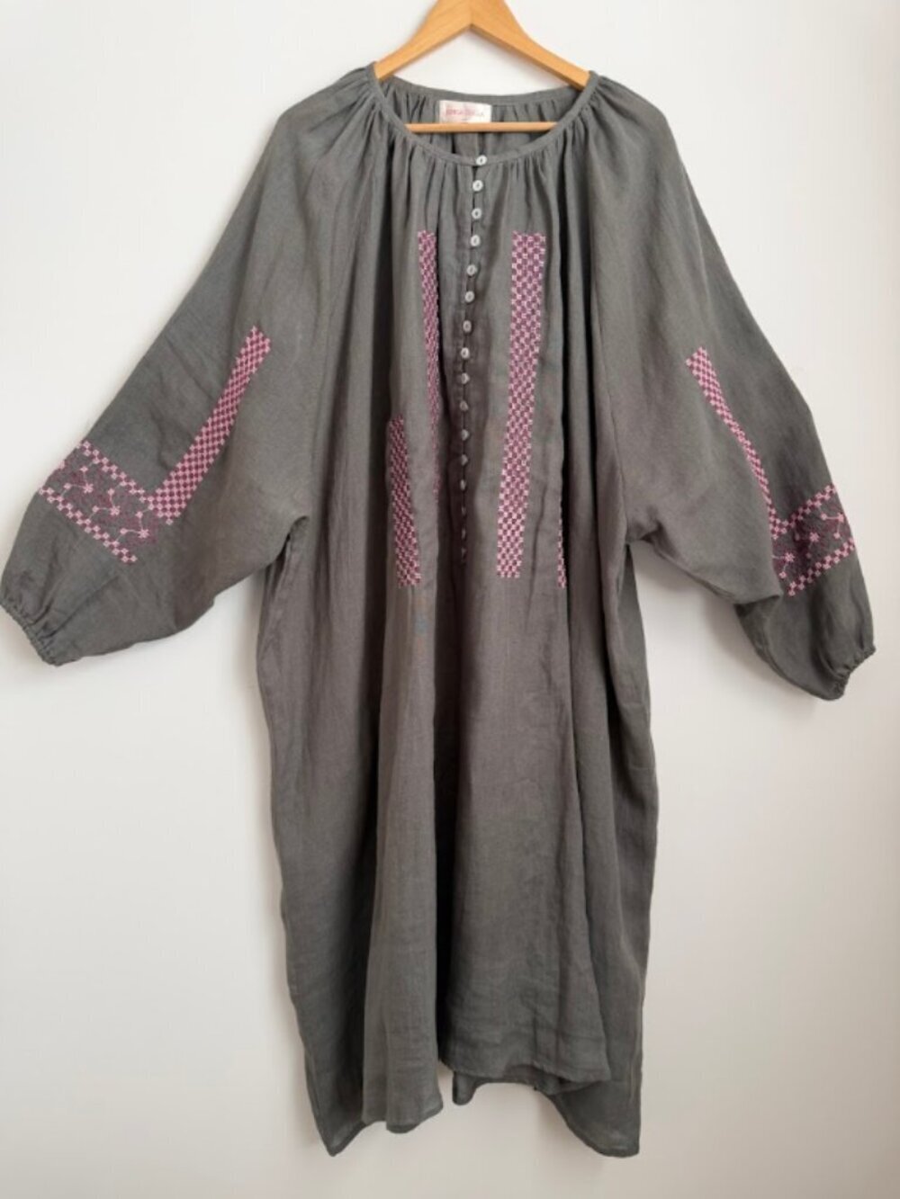 Kinga Csilla Harlow Embroidered Maxi Dress 100% Linen Gray Super Oversized 8